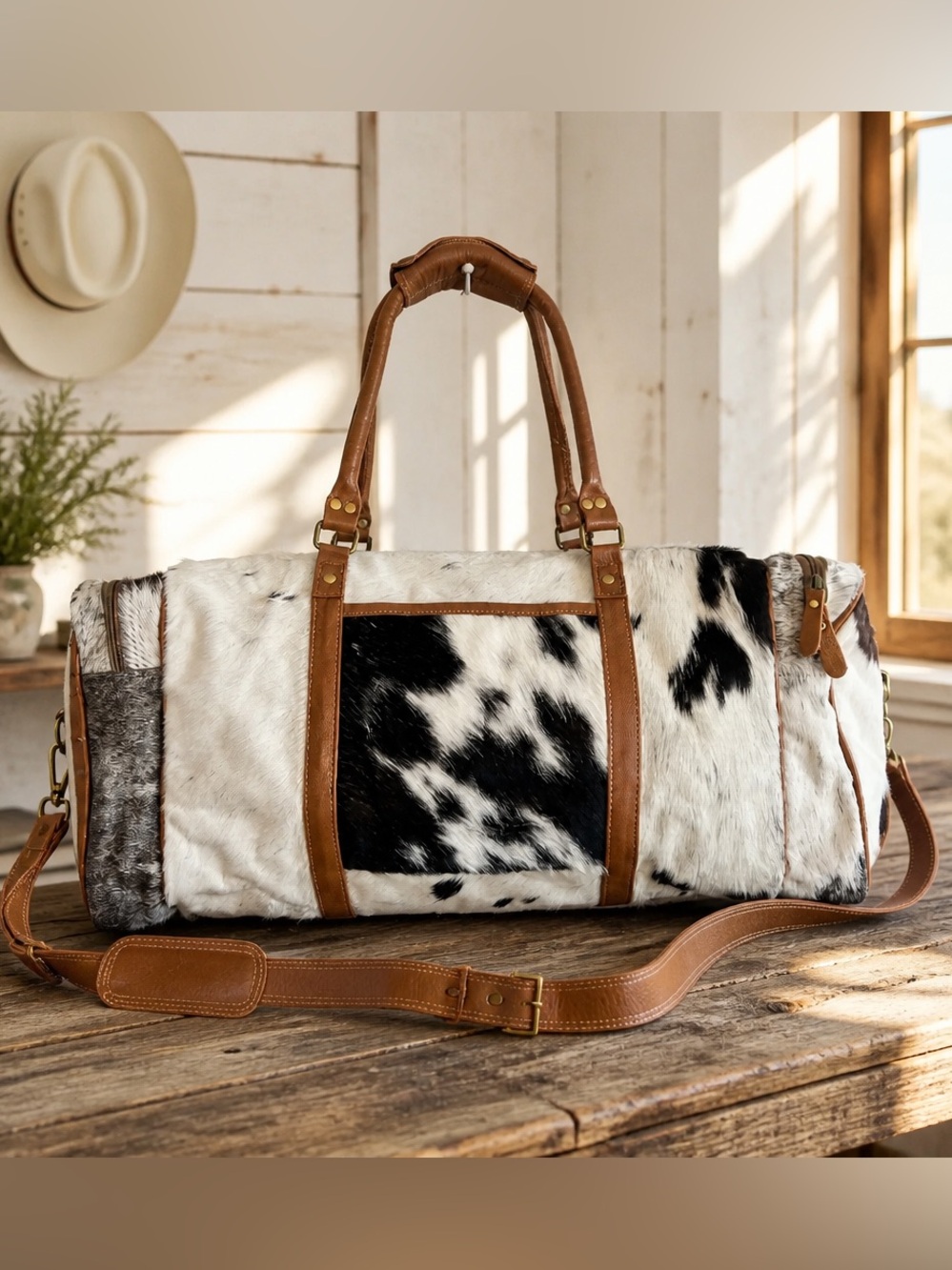New Myra Bag Genuine Leather Cowhide Hair On Duffle Bag Travel Weekender Unisex